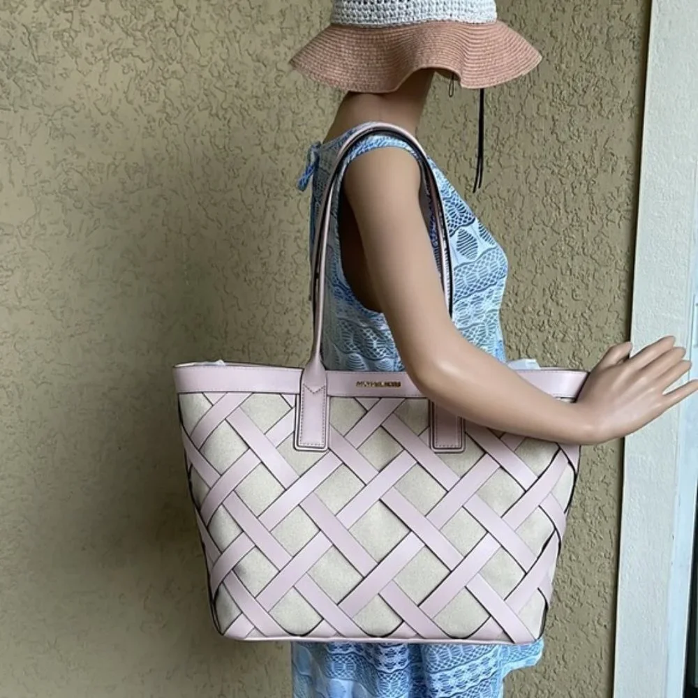 Michael Kors Sienna Large Tote Shoulder Bag Powder Blush Leather Canvas